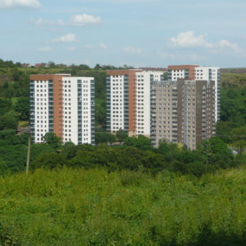 Image by Humphrey Bolton. Tower blocks off Mixenden Road, Mixenden As seen from the bridleway near Leighton Farm.