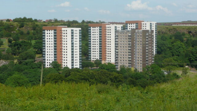 Image by Humphrey Bolton. Tower blocks off Mixenden Road, Mixenden As seen from the bridleway near Leighton Farm.